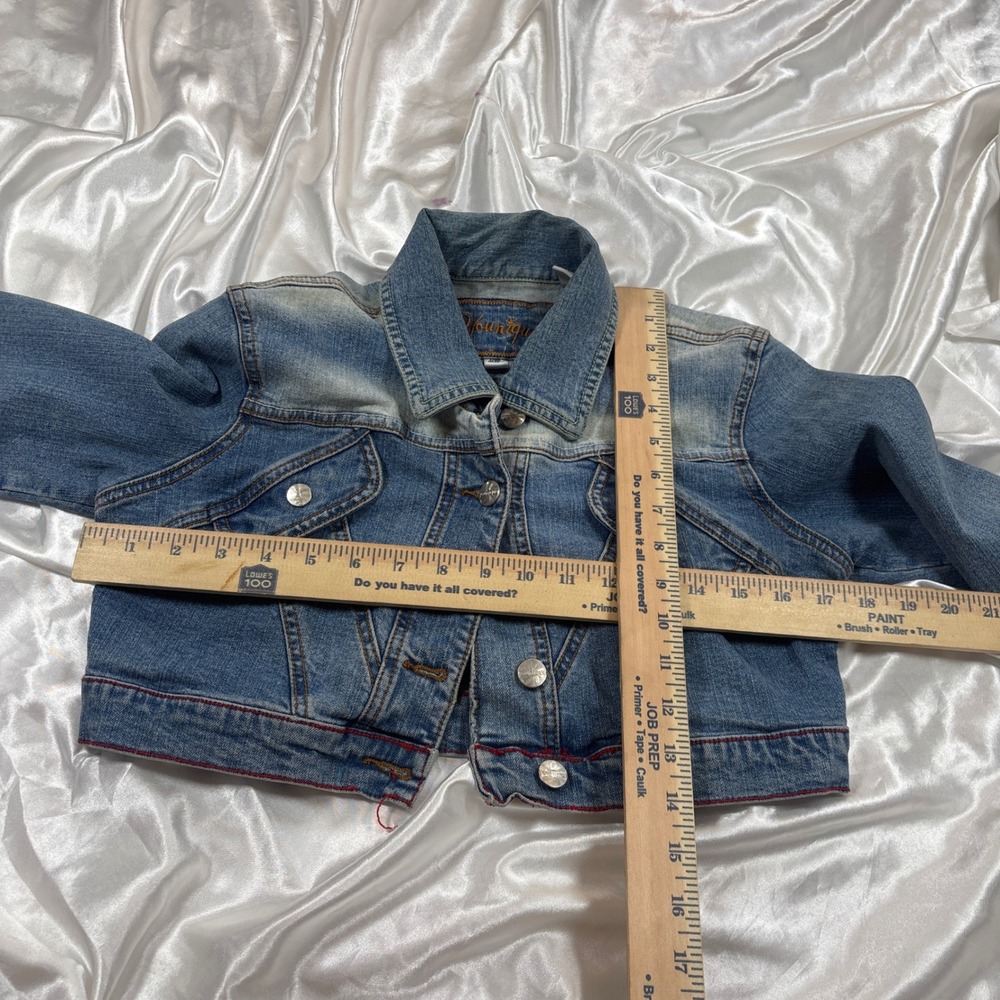 y2k Denim Jacket Blue Excellent Younique Cropped Frayed Hem Medium Wash Trucker - Picture 4 of 4
